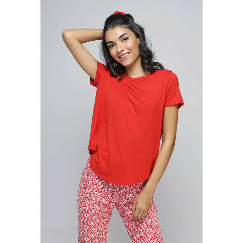 NeceSera Women Red Modal Round Neck Top (M)