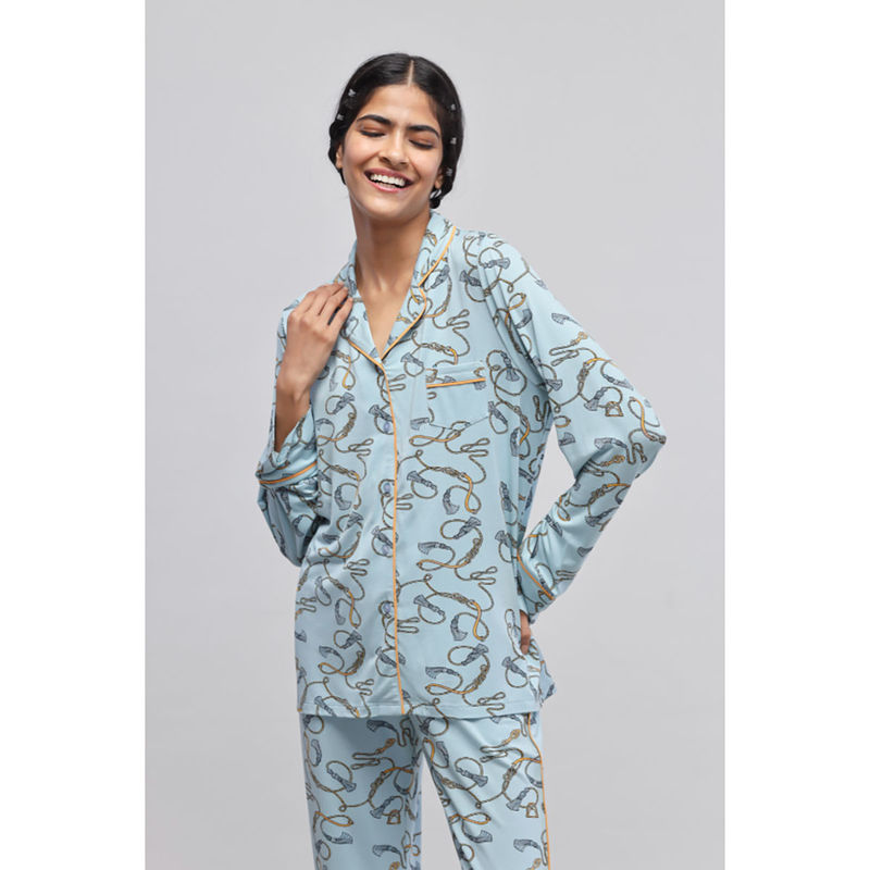 NeceSera Women Blue Modal Notched Lapel Shirt (S)