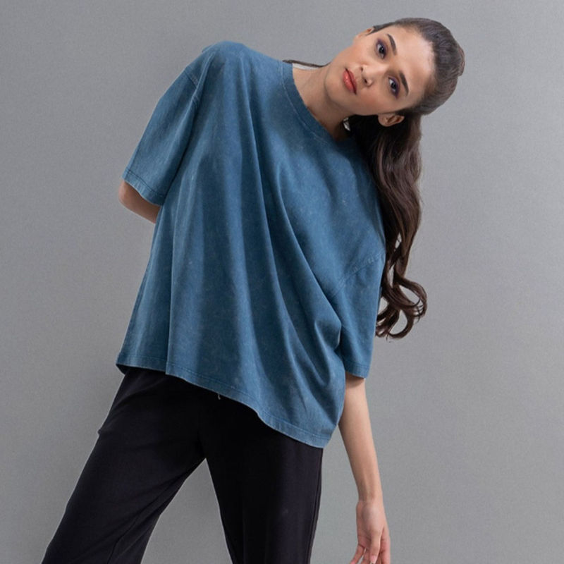 NeceSera Women Teal Cotton Round Neck Top (L)