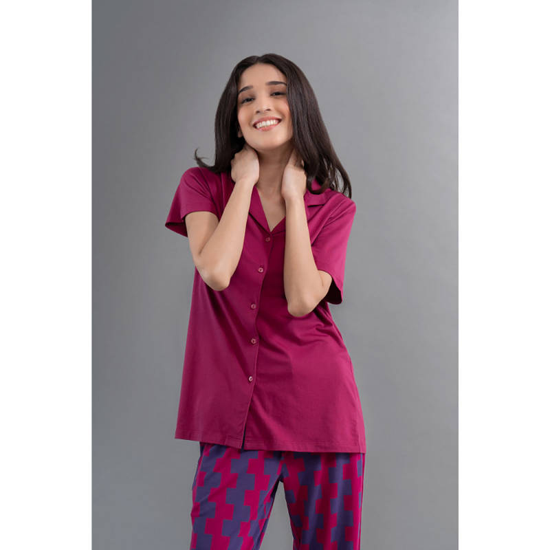 NeceSera Women Purple Modal Notched Lapel Shirt (S)