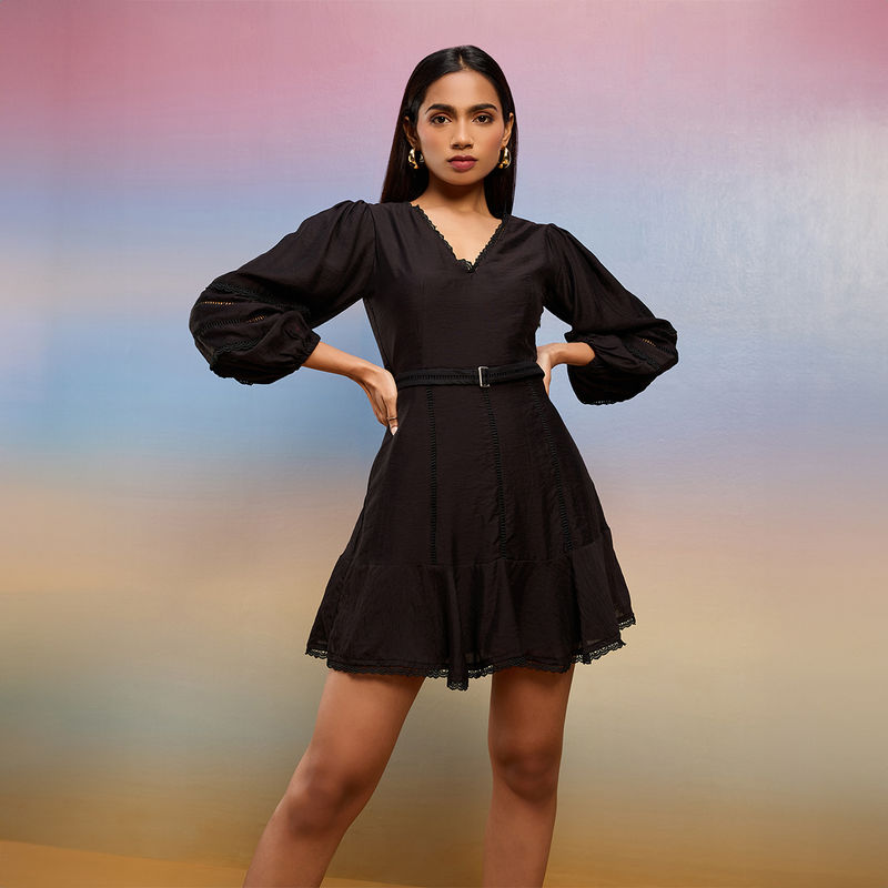 RSVP by Nykaa Fashion Black Solid V Neck Puff Sleeves Fit and Flare Dress (Set of 2) (XS)