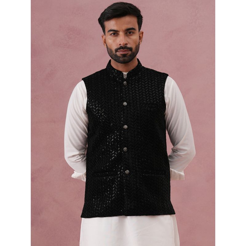 Jompers Black Velvet Sequin Work Nehru Jacket (S)