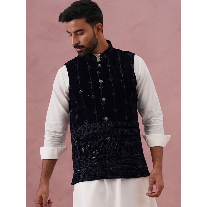 Jompers Navy Blue Velvet Sequin Embroidered Nehru Jacket (S)