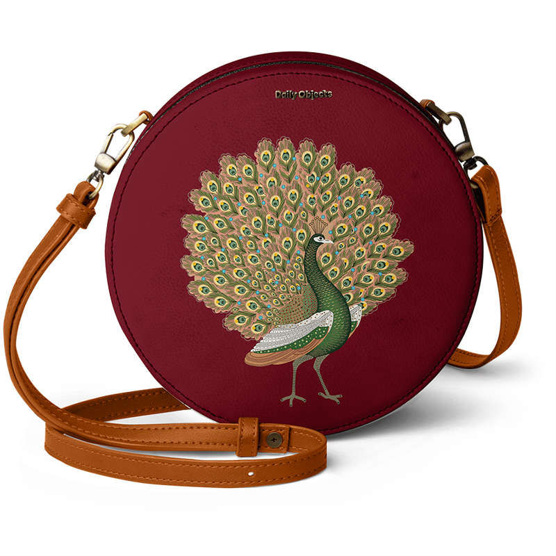 Buy DailyObjects Maroon Peacocking Orbis Crossbody Bag Online