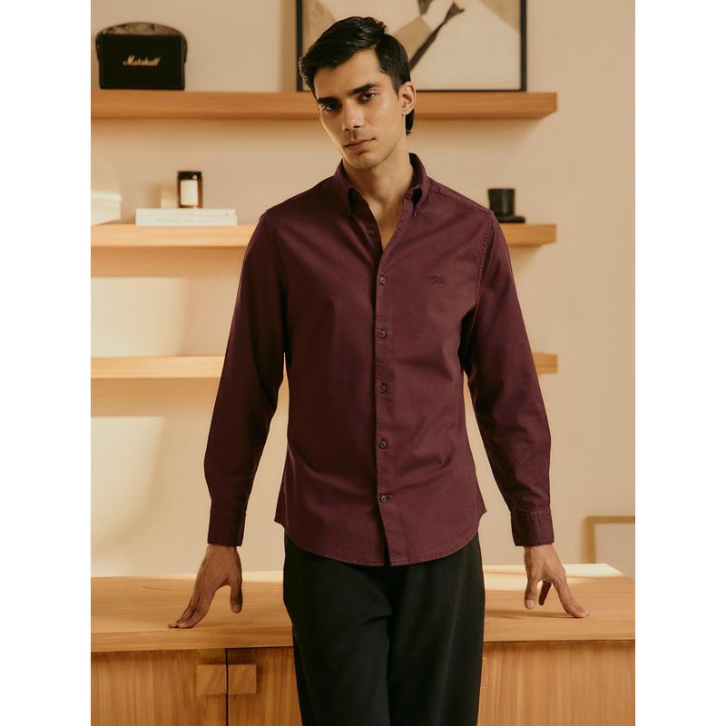 Andamen Burgundy Men Cotton Elastane Oxford Regular Fit Shirt (L)