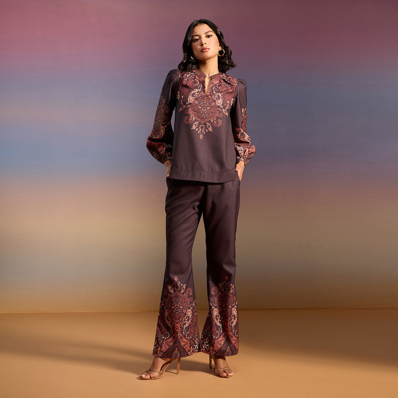 RSVP by Nykaa Fashion Black Placement Print Blouson Top Fit and Flare Pant Linen Co-Ord (Set of 2) (L)