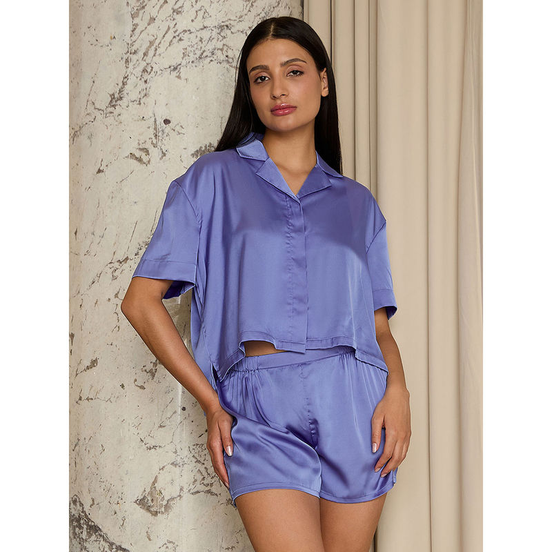 Sweet Dreams Women Blue Silky Shirt & Shorts (Set of 2) (S)