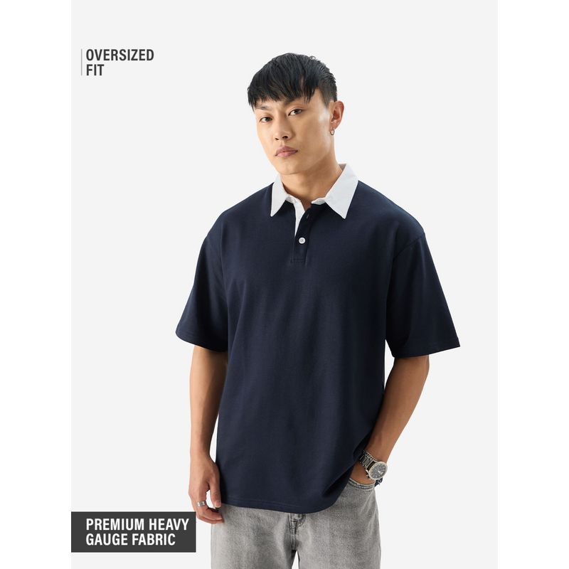 The Souled Store Solid Navy Blue Oversized Polo T-Shirt (M)