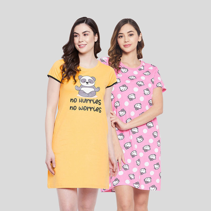Clovia Pack of 2 Cotton Quirky Quote Print Short Night Dress - Multi-Colour (S)