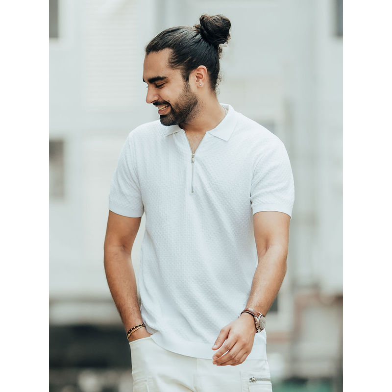 KINGDOM OF WHITE Zipped Cream Mens White Polo T-Shirt (L)