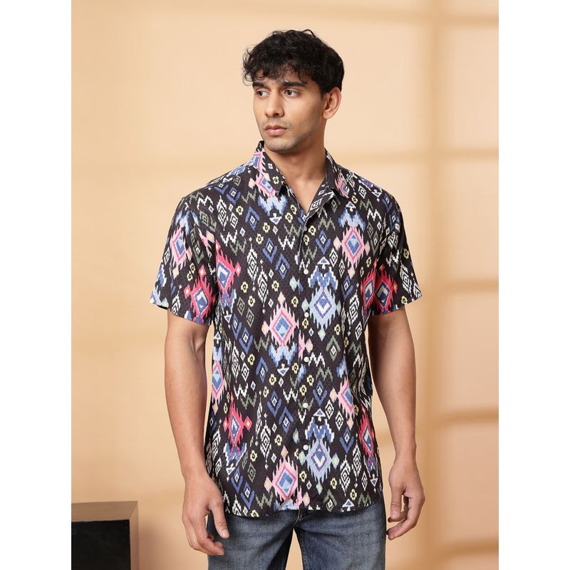 RIGO Men Black Ikat Print Cuban Collar Rayon Shirt (S)