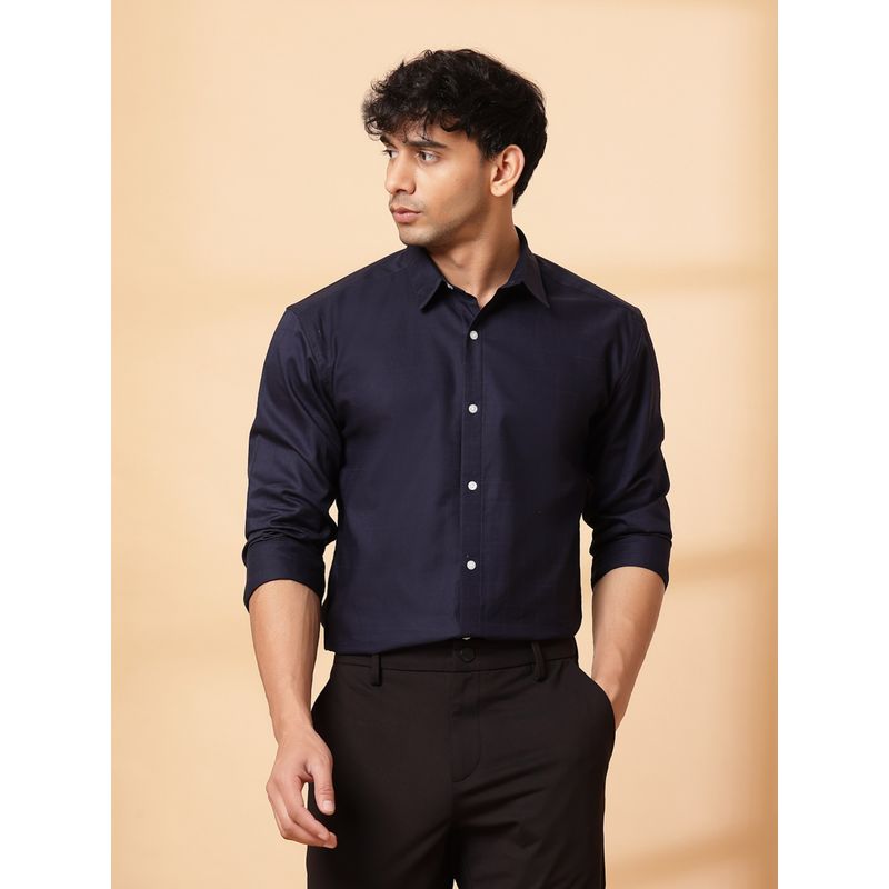 RIGO Men Navy Blue Classic Self Check Full Sleeve Shirt (2XL)