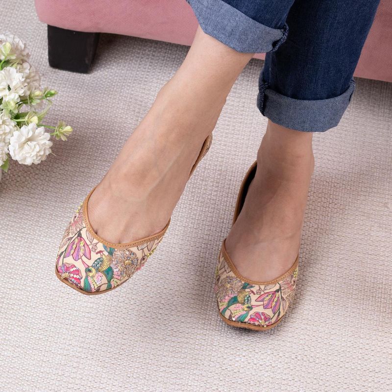 Coral Haze Beige/Pink Floral And Bird Print Juttis With Hand Embroidered Sequins (UK 2)