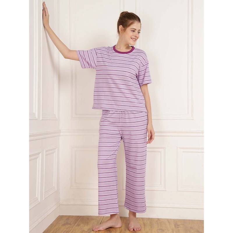 Dear Bed Comfort Clothing Women Purple Stripe Cotton T-Shirt With Pyjama (S)