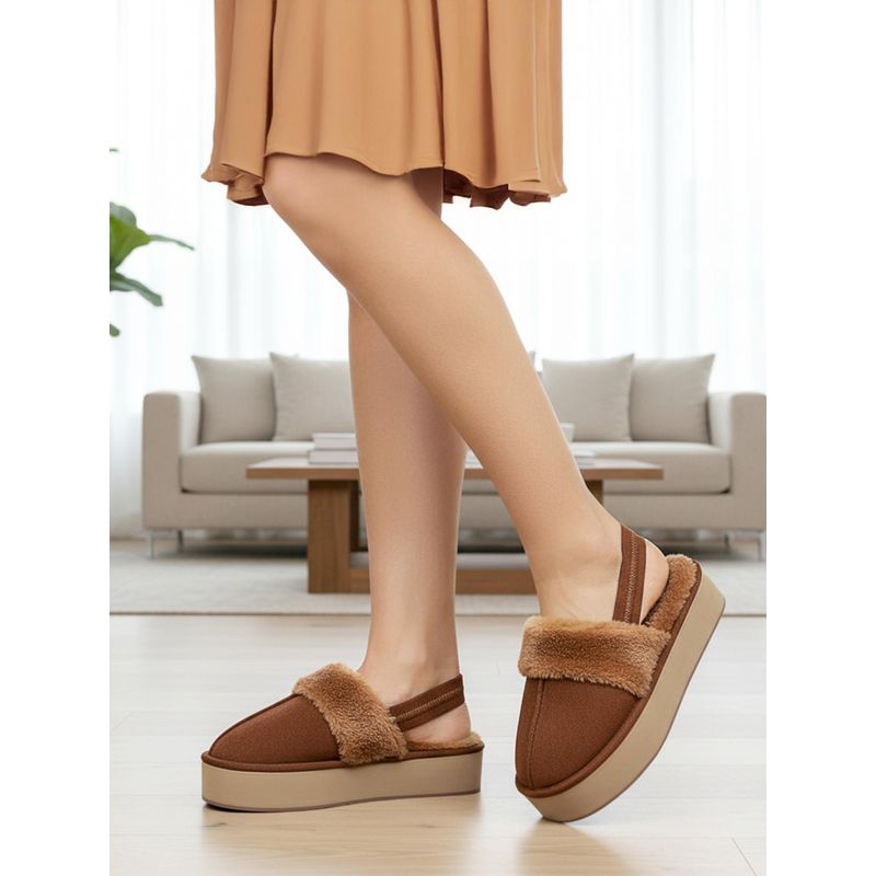 Carlton London Women Platform Tan Room Slippers with Plush Faux Fur (EURO 38)