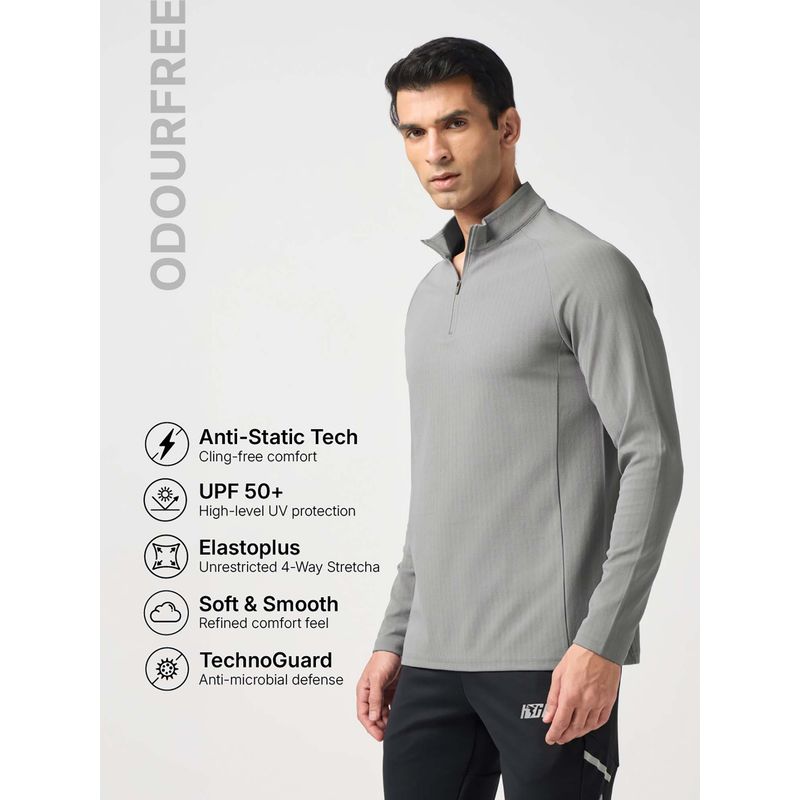 Technosport Grey Mens Solid Slim Fit Mock Neck Sports T-Shirt (L)