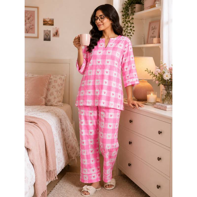 Noite Luxe Pink Picnic Kurti with Pajama (2XL)