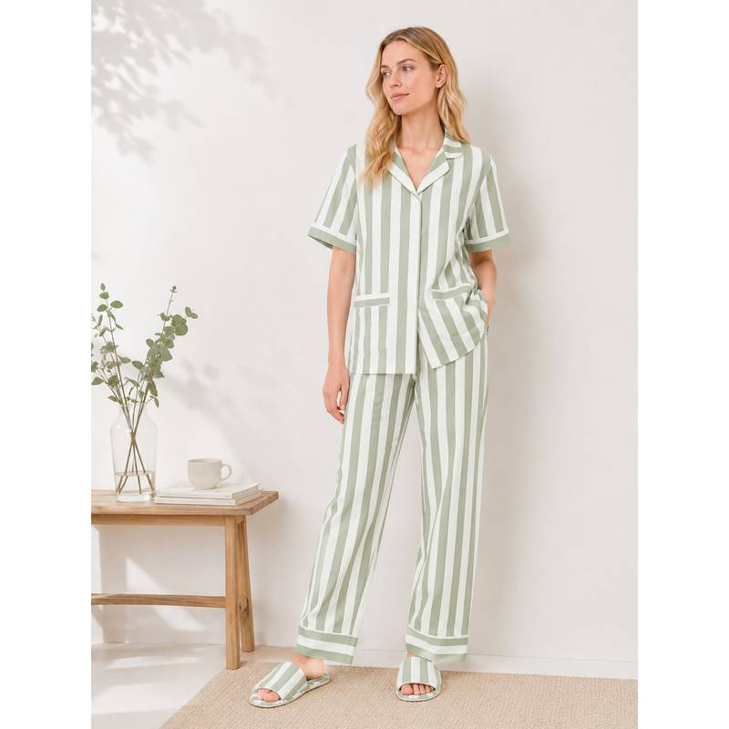 Noite Luxe Green Matcha Stripe Cotton Shirt with Pajama (XS)