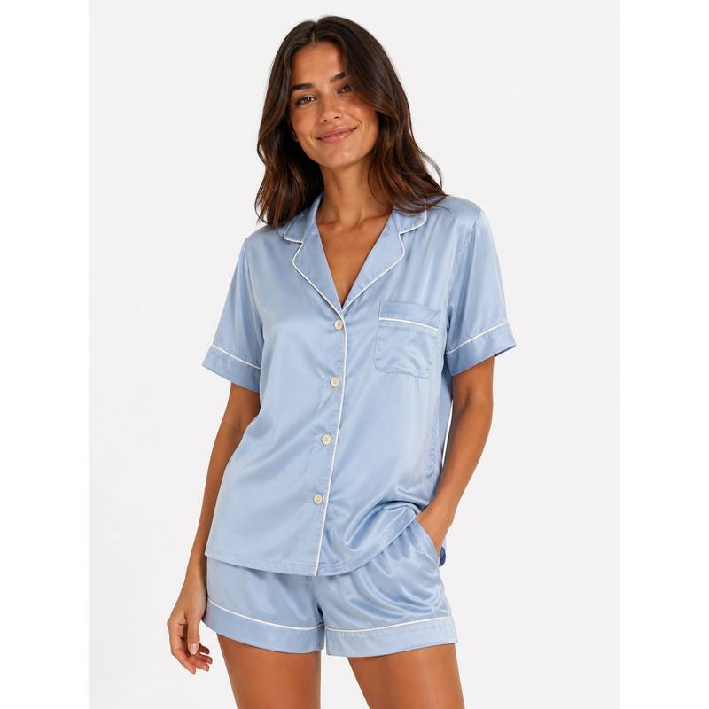 Noite Luxe Blue Zephyr Satin Shirt with Shorts (XS)