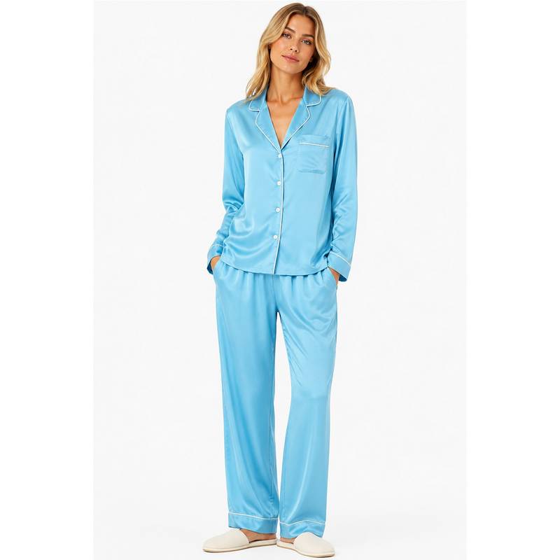 Noite Luxe Aqua Ciel Satin Full Shirt and Pajama (XS)