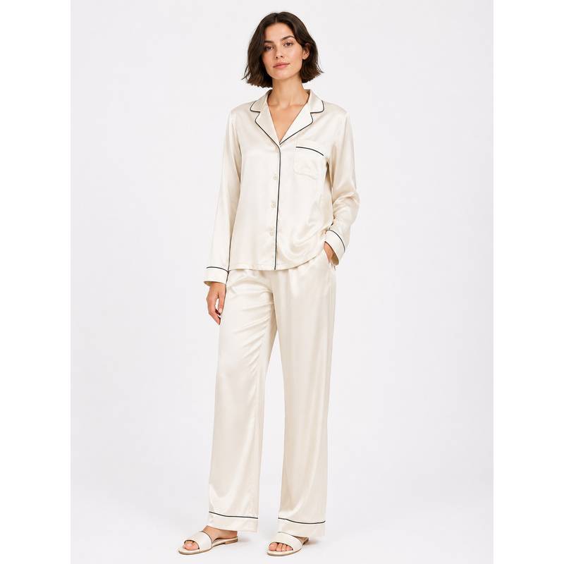 Noite Luxe Off White Nacre Satin Full Shirt and Pajama (XS)