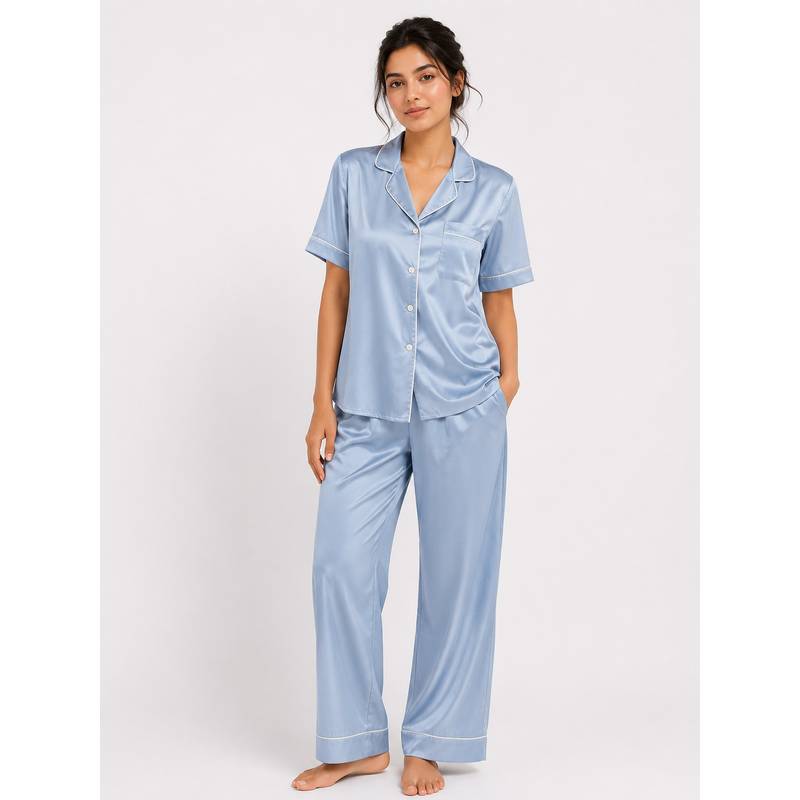 Noite Luxe Blue Zephyr Satin Shirt with Pajama (XS)