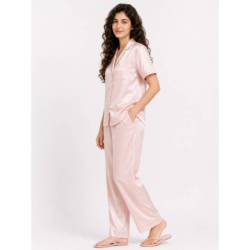 Noite Luxe Pink Petal Satin Shirt with Pajama (XS)