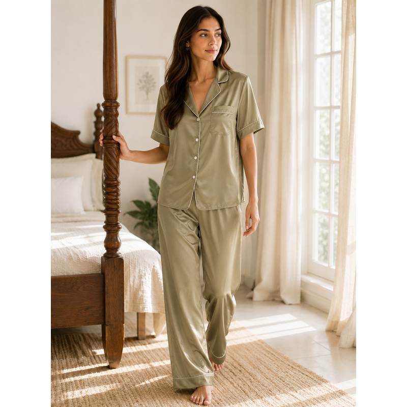 Noite Luxe Olive Cypresp Satin Shirt with Pajama (XS)