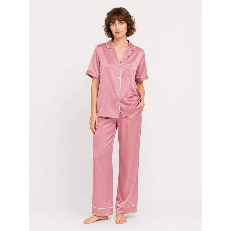 Noite Luxe Pink Cameo Satin Shirt with Pajama (XS)