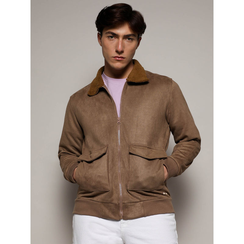 Campus Sutra Mens Zip-Front Beige Jacket With Fleece Collar (S)
