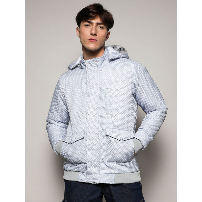 Campus Sutra Mens Self-Design Rhombus Puffer Blue Jacket (L)