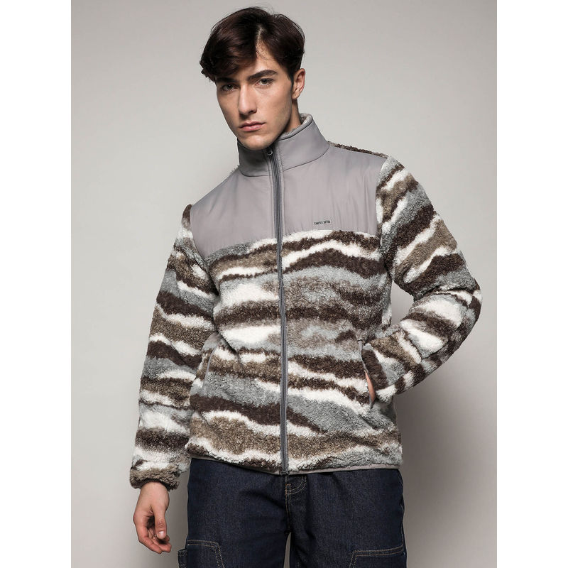 Campus Sutra Mens Sherpa Zip-Front Multi-Color Jacket (S)