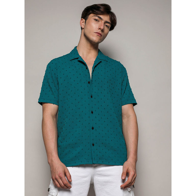 Campus Sutra Mens Self-Design Pom-Pom Teal Shirt (S)