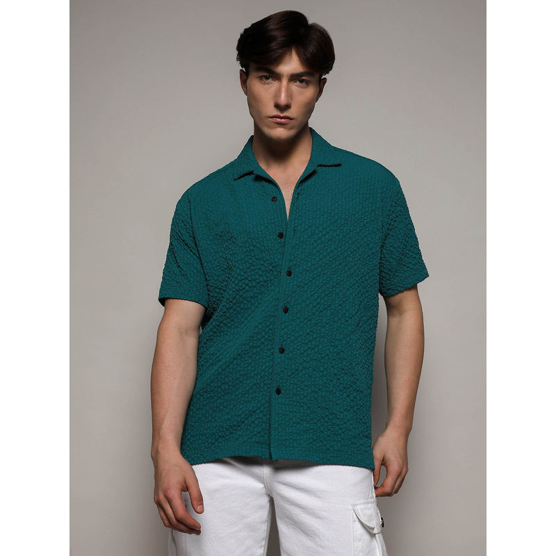 Campus Sutra Mens Texured Creased Box Teal Shirt (S)