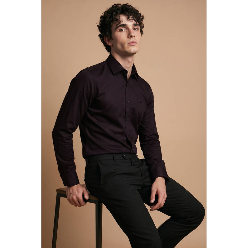 Simon Carter Men Wine Cotton Blend Slim Fit Shirt (42)