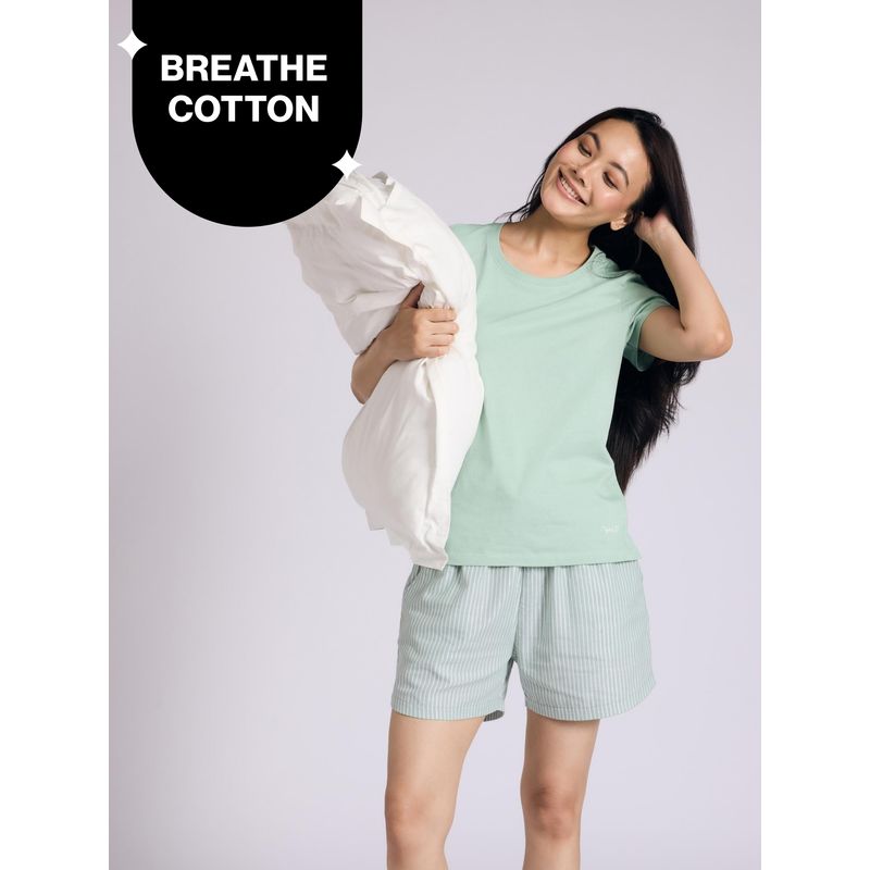 Essential Cotton Shorts Coord Set With Crew Neck Cotton Knit Tee Nys942 Green Stripe (M)