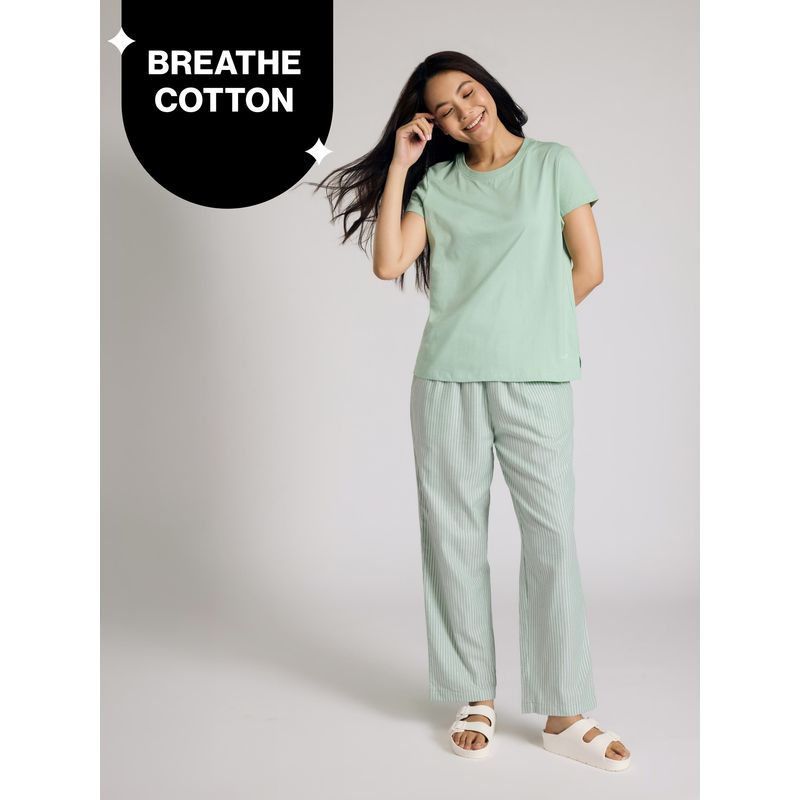 Essential Cotton Pyjama Coord Set With Crew Neck Cotton Knit Tee Nys943 Green Stripe (L)