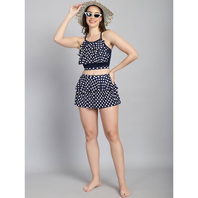 Cukoo Padded Blue Polka Dot Skirtini Swimwear (Set of 2) (S)