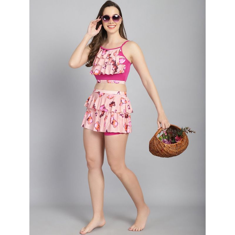 Cukoo Padded Pink Floral Skirtini Swimwear (Set of 2) (L)