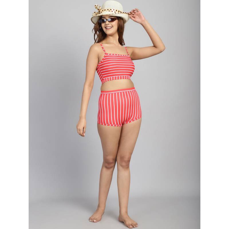 Cukoo Padded Red Striped Tankini Swimwear (Set of 2) (S)
