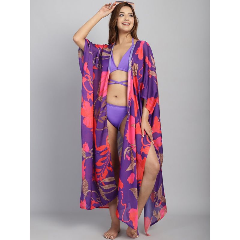 Cukoo Padded Purple Floral Print Swim Cover Up (Set of 3) (S)