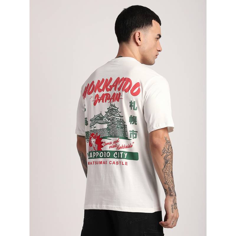 R&B Cotton Regular Fit Crew Neck Graphic Print Men White T-Shirt (2XL)