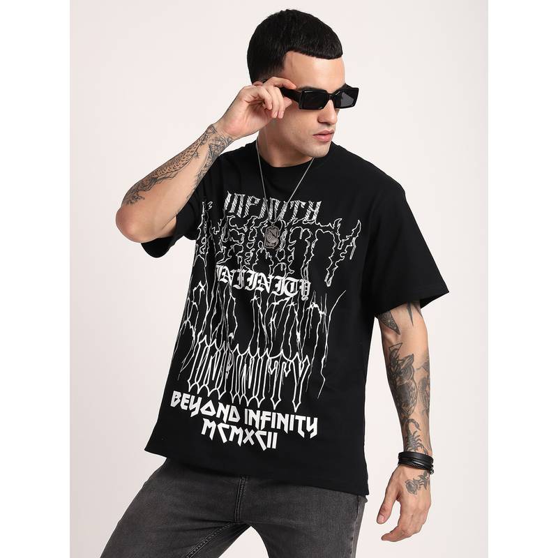 R&B Cotton Oversized Fit Crew Neck Graphic Print Men Black T-Shirt (M)
