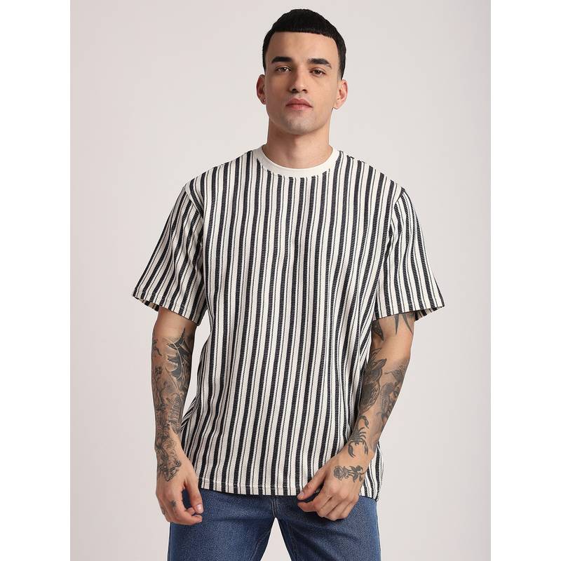 R&B Cotton Regular Fit Crew Neck Striped Men Ivory T-Shirt (M)