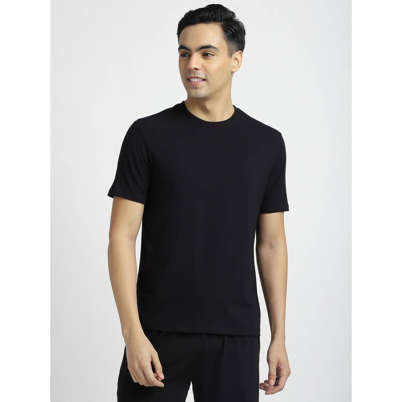 R&B Cotton Blend Regular Fit Crew Neck Solid Men Black T-Shirt (S)