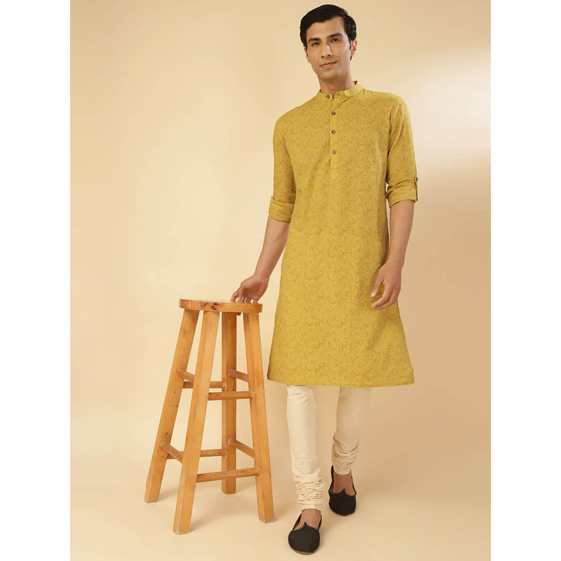 Fabindia Yellow Cotton Slim Fit Hand Block Printed Long Kurta (XS)