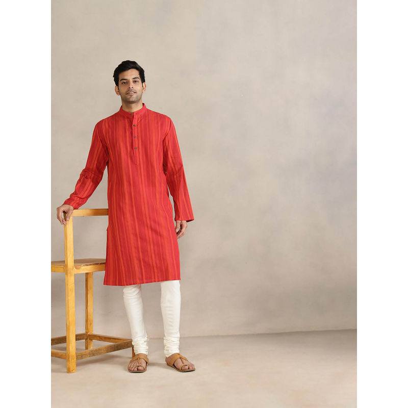 Fabindia Red Cotton Striped Slim Fit Kurta (S)