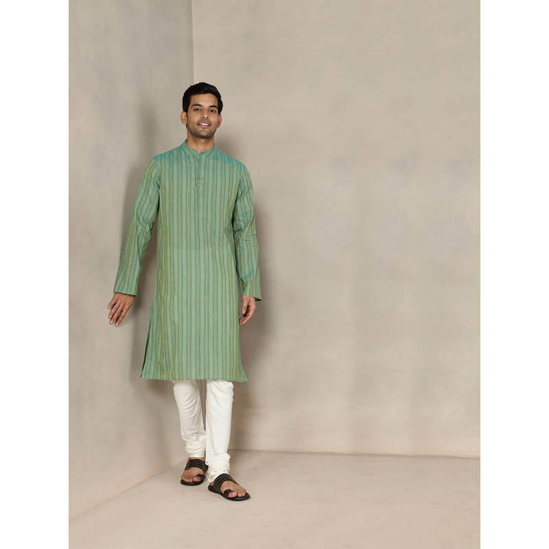 Fabindia Green Cotton Striped Slim Fit Kurta (L)