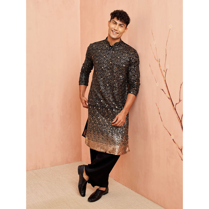Vastramay Men Black Georgette Kurta and Wide Leg Pant (38)
