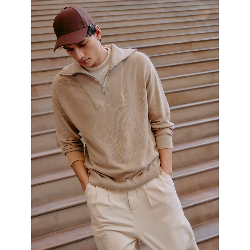 Andamen Men Structured Fabric Cotton Flat Knit Relaxed Khaki Pullover Sweater (S)